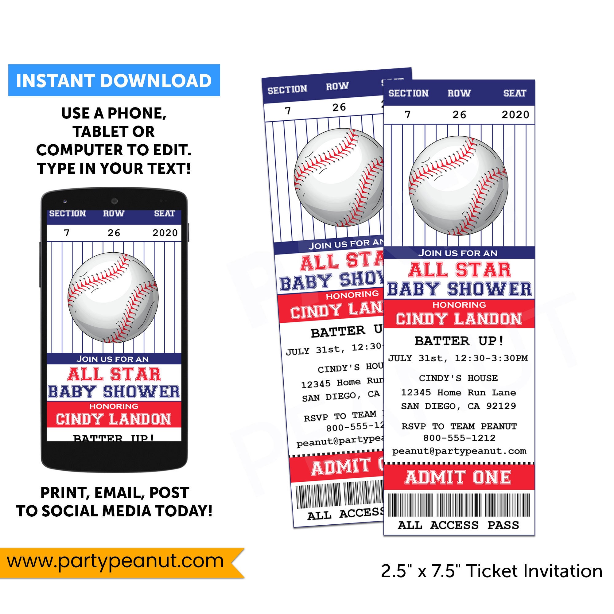 All Star Baseball Ticket Baby Shower Invitations