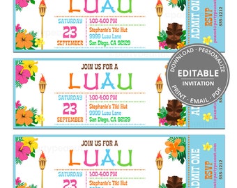 Luau Ticket Invitation Hawaiian Luau Invitation Tiki Party Polynesian Luau Summer Party Invitation Editable