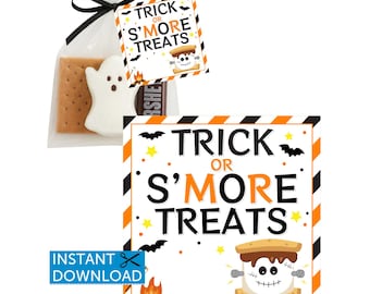 Halloween S'mores Treat Tag, Smores Favor Trick or Treat, Smores Party Favors, Printable Gift Tag, Kids, Teacher, Classroom