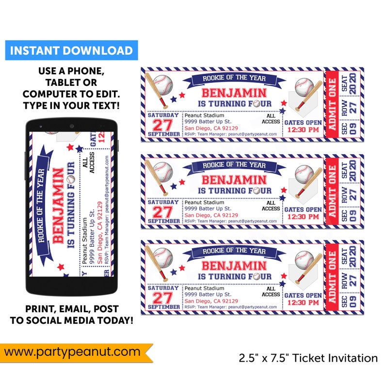 Baseball Ticket Invitation, Baseball Invitation, Baseball Birthday Invitation Ticket, Baseball Party, Baseball Invites, Instant Download image 7