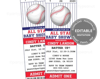 Invitación con boleto de béisbol, invitación con boleto para baby shower de béisbol, invitación de béisbol para baby shower All Star, fiesta de béisbol