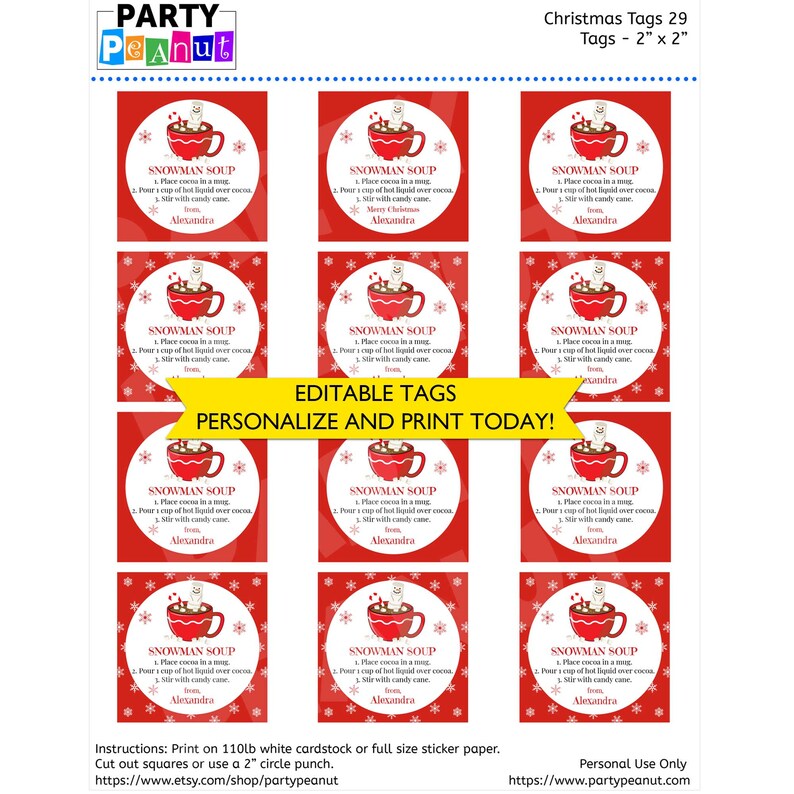 Puede incluir: Etiquetas navide&ntilde;as con fondo rojo y tem&aacute;tica de sopa de mu&ntilde;eco de nieve. Cada etiqueta mide 5,08 cm x 5,08 cm y presenta una taza roja con un mu&ntilde;eco de nieve, copos de nieve e instrucciones. El texto dice "Snowman Soup".