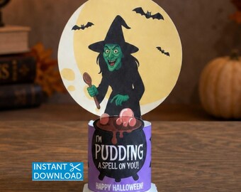 Witch Pudding Cup, Halloween Treat Tag, Kids Party Favor, Classroom Favors, Printable, Instant Download