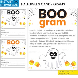Puede incluir: Gramos de dulces imprimibles con temática de Halloween con un diseño de fantasma y caramelos de maíz. Las palabras "BOO" y "gram" se muestran de forma destacada. Incluye espacio para "Para", "De", "Profesor/Gr." y "Mensaje". El letrero mide 20,3 cm x 25,4 cm.