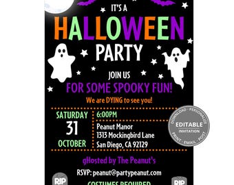 May include: Black Halloween party invitation with white ghosts, bats, and stars. The text reads "It's a Halloween Party" and includes event details: Saturday, October 31st, 6:00 PM, Peanut Manor, San Diego, CA. Costumes required.