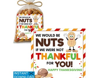 May include: A clear cellophane bag filled with nuts, tied with twine, and a tag that reads "We would be nuts if we were not thankful for you! Happy Thanksgiving!" A second tag is also visible.