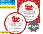 Editable Snowman Soup Tags, Hot Chocolate Tags, Printable Hot Cocoa Stickers, Labels, Christmas Tags, Instant Download Il_170x135