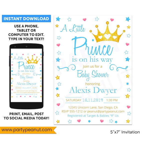 Prince Invitation Prince Baby Shower Invitation Digital Download Editable Printable Il_570xn