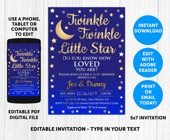 Twinkle Twinkle Little Star Invitation - Download, Twinkle Twinkle Little Star Baby Shower Invitation, Editable Invitation, Digital Il_570xn