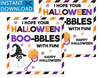 May include: Two square Halloween-themed printable cards. The cards feature the text "I hope your Halloween Boo-bbles with fun!" and "I hope your Halloween -bbles with fun!" with a ghost, bubbles, and a witch hat. The size is 3" x 3".