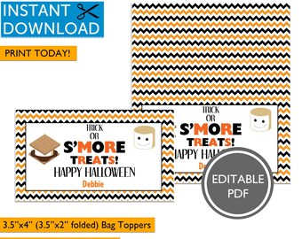 S'mores Halloween Treat Bag Toppers, Editable Tags (PDF)