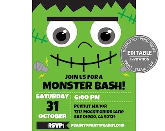 May include: Green Halloween party invitation featuring a Frankenstein monster face. The invitation includes the text "Join us for a Monster Bash!" with event details: date, time, location, and RSVP information. The invitation is editable and available for download.