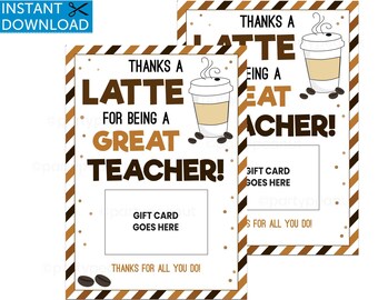 Thanks A Latte Gift Card Holder, Teacher Coffee Gift, Coffee Gift Card Holder, Teacher Appreciation Gift, Teacher Thank You Printable