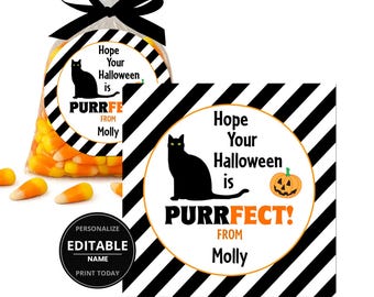 Etiquetas para dulces de Halloween con diseño de gato negro, etiquetas perfectas para regalos (imprimibles)