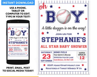 Baseball Baby Shower Invitation, Baseball Invitation, Baby Shower Invitation, Baseball Invitation Template Editable