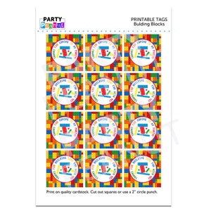 Puede incluir: Etiquetas de favor imprimibles para una fiesta con tem&aacute;tica de bloques de construcci&oacute;n. Las etiquetas presentan un patr&oacute;n colorido de bloques de construcci&oacute;n de juguete y el texto "&iexcl;Gracias por construir algo de diversi&oacute;n conmigo!"