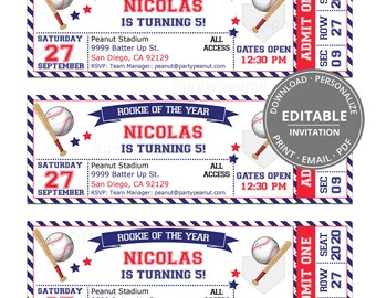Baseball Ticket-Einladung, Baseball-Einladung, Baseball-Geburtstagsfeier-Einladung, Baseball-Party, Rookie des Jahres, bearbeitbar