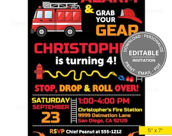 Fireman Birthday Party Invitation Firefighter Party Invitation Fire Truck Invitation Firefighter Birthday Kids Editable