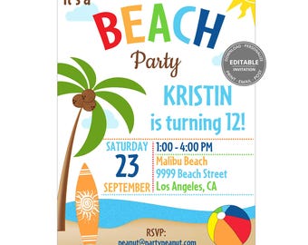 Editable Beach Party Invitation, Summer Birthday Invite (Digital Download)