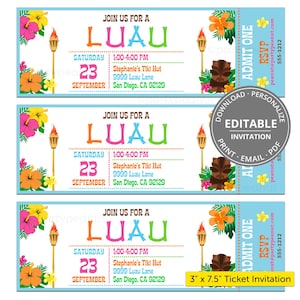 Hawaiianische Luau-Einladung Ticket Luau Tiki Party Polynesische Luau-Party-Einladung Sommer-Geburtstagsfeier-Einladung Bearbeitbar
