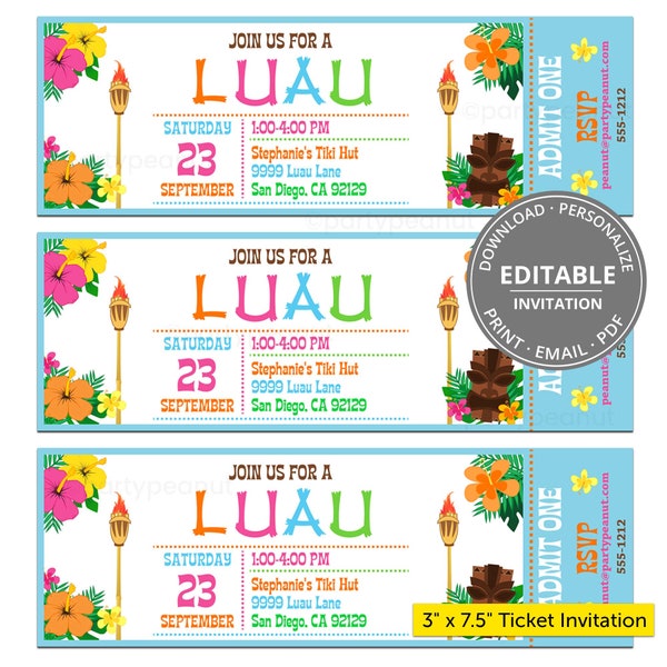 Hawaiian Luau Ticket Invitation Luau Tiki Party Polynesian Luau Party Invitation Summer Birthday Party Invitation Editable