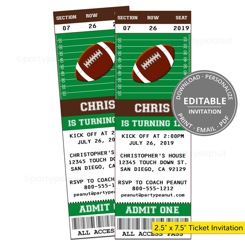 Football Party Ticket Invitation Editable