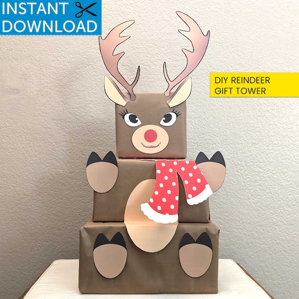 Reindeer Gift Tower, Reindeer Gift Wrap, Stackable Christmas Gift Box, Reindeer Gift Box Tower, Gift Box Christmas Paper, Reindeer Tower