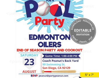 Baseball Pool Party Invitation Printable Baseball Invitation Baseball Team Coach Pool BBQ Baseball Invitation Editable