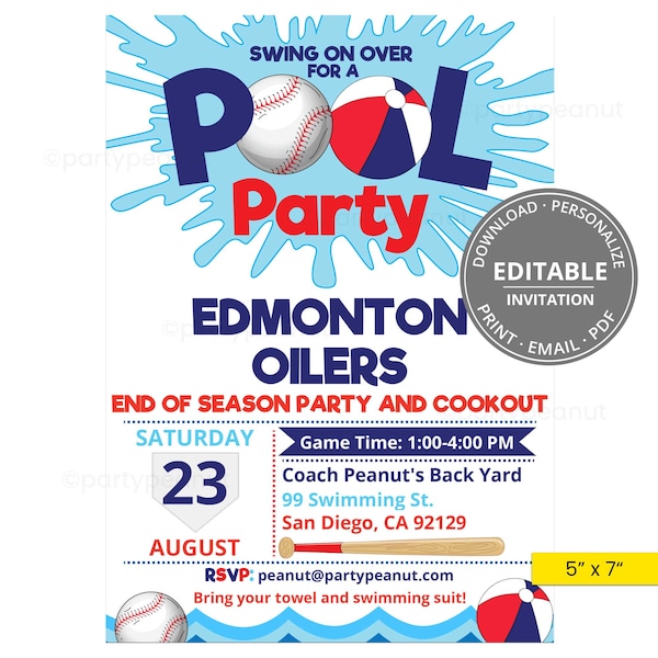 Baseball Pool Party Invitation Baseball Team Invitation Baseball BBQ Cookout Baseball Invitation Baseball Invites Instant Download