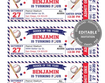 Baseball Ticket-Einladung, Baseball-Einladung, 4. Geburtstag-Baseball-Einladung, Baseball-Party, Baseball lädt ein, bearbeitbar