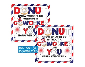 4. Juli Donut Tags, Kollegen Leckerbissen, Vaterländische Donuts, Büroannahme Geschenk, Druckbar (Digitaler Download)