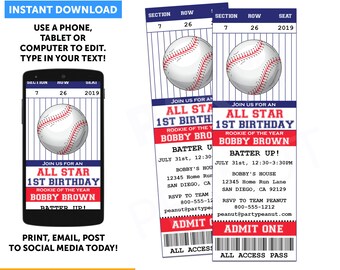 Baseball Ticket Invitation, Allstar Birthday, Baseball Invitation, Baseball Birthday Invitation Ticket, Baseball Party, Baseball Invites