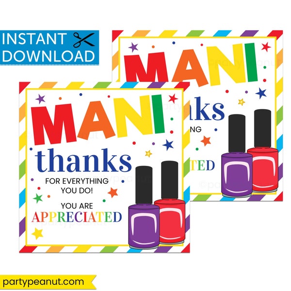 Mani Thanks, Nail Polish Gift, Thank You Gift Tag, Teacher Appreciation, Babysitter Gift, Office Appreciation Tag, Manicure Gift Tag