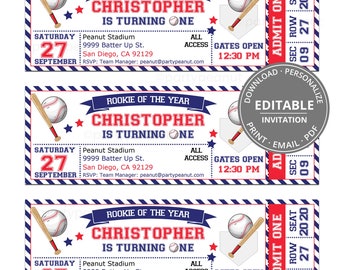 Baseball Ticket-Einladung, Baseball-Einladung, 1. Geburtstag-Baseball-Einladung, Baseball-Party, Baseball lädt ein, bearbeitbar