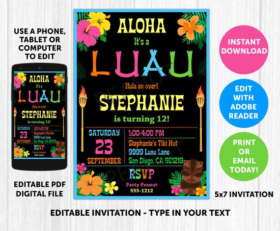 Luau Party Invitation - Luau Birthday Invitations, Luau Invitation, Luau Invite, Hawaiian Luau Party, Editable, Printable, Instant Download Il_570xn