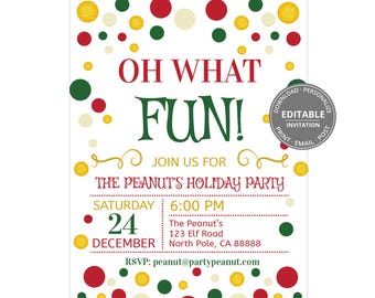 Puede incluir: Una tarjeta de invitación blanca con el texto "OH WHAT FUN!" en rojo y verde. Incluye detalles para "THE PEANUT'S HOLIDAY PARTY" el 24 de diciembre a las 6:00 PM. El diseño presenta lunares rojos, verdes y dorados.