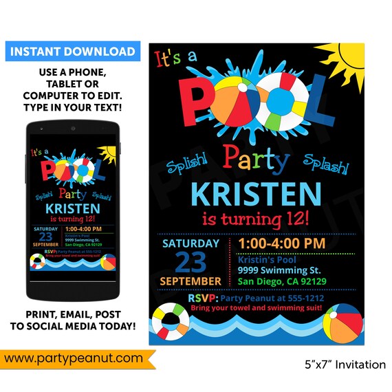 Pool Party Birthday Invitation - Swimming Pool Party Invitation, Pool Birthday Party, Swimming Birthday Party, Download, Editable Il_570xn