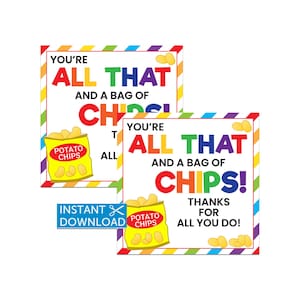 Potato Chips Bag Tag, Teacher Gift, Coworker Appreciation, Staff Thank You, Printable