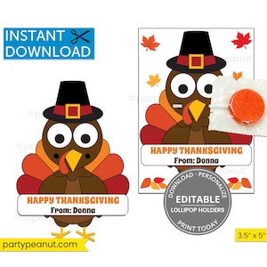 Thanksgiving Turkey Lollipop Holder Printable Turkey Lollipop Favor Thanksgiving Treat Tag Teacher Kids Coworker Thanksgiving Tag Editable