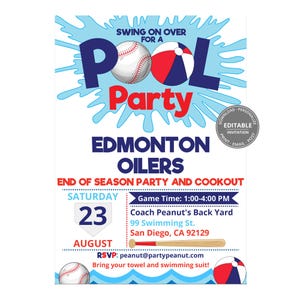 Baseball Pool Party Invitation, Editable Baseball Team Invite, End of Summer, BBQ, Digital Download