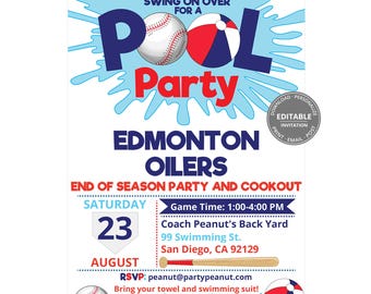 Invitación para fiesta en la piscina con temática de béisbol, invitación editable para equipo de béisbol, fin del verano, barbacoa, descarga digital.