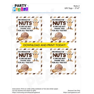 K&ouml;nnte beinhalten: Vier druckbare Geschenkanh&auml;nger mit einer Cartoon-Erdnuss mit dem Text "We would be nuts if we did not thank you for all you do!" Die Anh&auml;nger sind 7,6 cm x 7,6 cm gro&szlig; und f&uuml;r eine Erdnuss-Party gedacht.