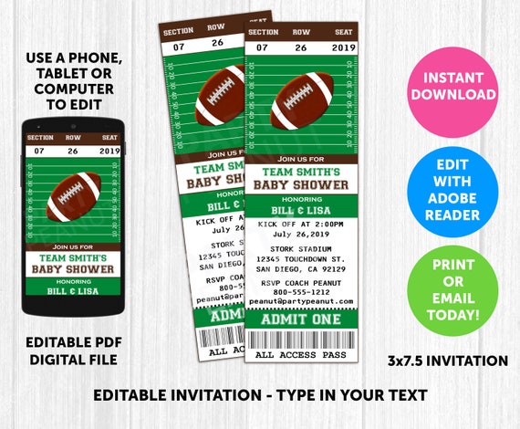 Football Ticket Invitation - Football Baby Shower Invitation, Football Party Invitation, Download, Editable, Printable Invitation, Digital Il_570xn