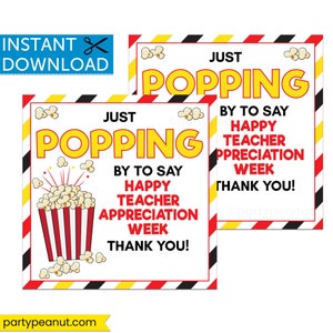 Etiqueta imprimible &quot;Popping By Popcorn&quot;, Semana de agradecimiento al maestro, obsequio para el maestro, etiquetas de regalo de palomitas de maíz, obsequio de palomitas de maíz, etiqueta de recuerdo de palomitas de maíz