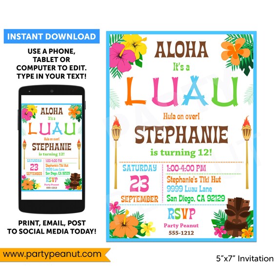 Luau Invitation Instant Download Hawaiian Luau Digital Invite Printable