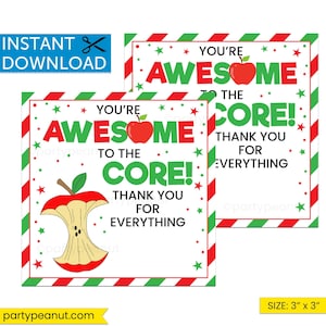 Awesome To The Core, Teacher Gift Tags, Apple Gift, Teacher Appreciation Week, Staff, PTO, PTA, Teacher Thank You Gift Tag