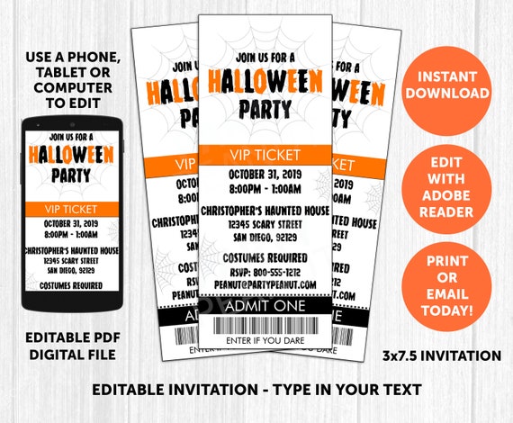 Printable Halloween Ticket Invitation Halloween Invite Editable Download Il_570xn