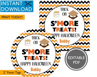 Smores Halloween Treat Tag, Smores Kit, Smore Treats, S'mores Party Favors, Printable Gift Tag, Kids, Teacher, Classroom, Editable