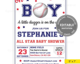 Convite para Chá de Bebê com Tema de Beisebol, Convite Editável para Festa de Beisebol, Convite para Chá de Bebê com Tema de Beisebol