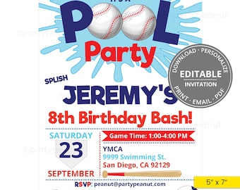 Baseball Pool Party Invitation Printable, Baseball Invitation, Baseball Birthday Invitation, Baseball Party, Baseball Editable